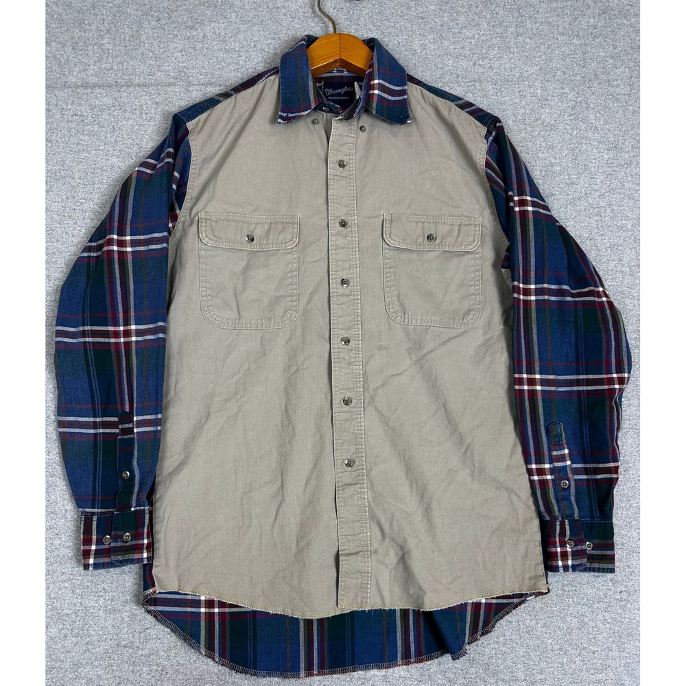Vintage 80s Wrangler Western Shirt Mens L Tan Plaid Mixed Media Canvas Flannel